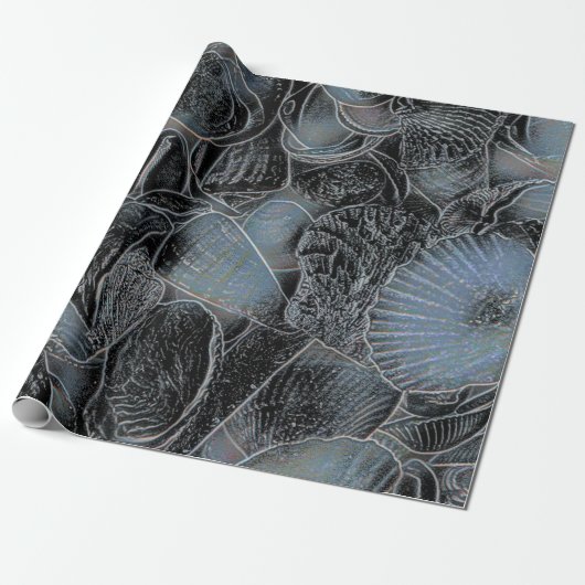 Zeeshells Ocean Beach Pastel Blue Black ontkoppeli Cadeaupapier (Uitgerold)
