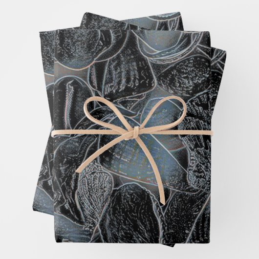 Zeeshells Ocean Beach Pastel Blue Black ontkoppeli Inpakpapier Vel (In situ)