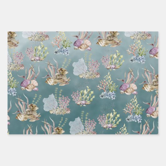 zeeshells zeewier onder het diepe groene Zee Inpakpapier Vel (Voorkant 2)