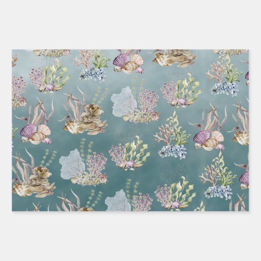 zeeshells zeewier onder het diepe groene Zee Inpakpapier Vel (Voorkant)