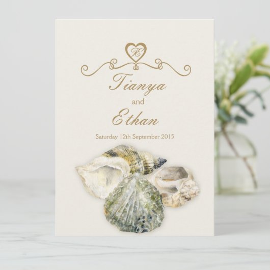 Zeeslagers, huwelijksuitnodiging, ivoorcrème kaart (Staand voorkant)