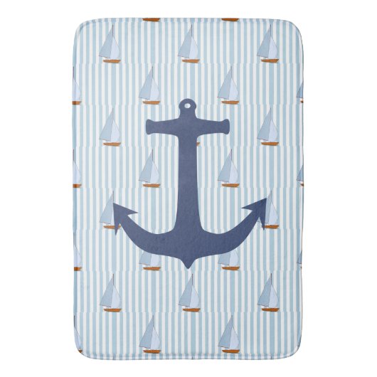 Zeeslagschip: witte en blauwe streep badmat (Voorkant Verticaal)