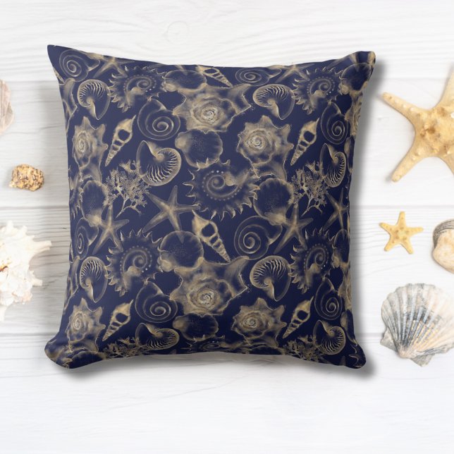 Zeeslagvis Blauwe Oceaan Kusthuis Kussen (Seashells and Starfish Blue Ocean Coastal Beach House Throw Pillow)