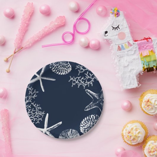 Zeeslagvis en zeeschelpen marinenblauw papieren bordje (Feest)