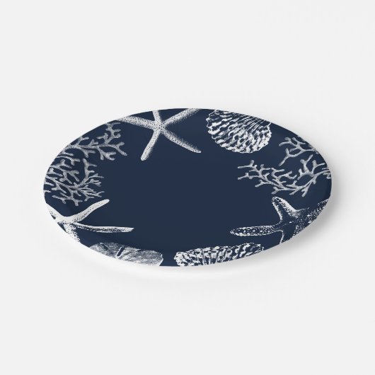 Zeeslagvis en zeeschelpen marinenblauw papieren bordje (Gekanteld)