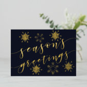 Zeesongroeten van Navy Gold Snowflakes Folie Feestdagenkaart (Staand Voorkant)