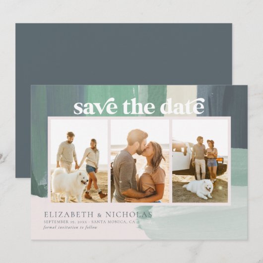 Zeesoortglas | 3 Foto slaat de datum op Save The Date (Voorkant / Achterkant)