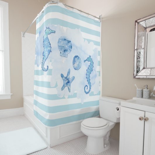 Zeesoorts en dollavis Blauw wit Douchegordijn (In situ)