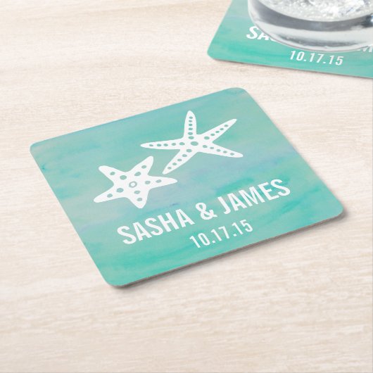 Zeester Aqua Beach Bruiloft Onderzetters (Schuin)