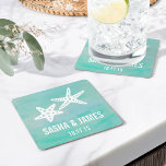 Zeester Aqua Beach Bruiloft Onderzetters<br><div class="desc">Het ontwerp bevat twee witte zeester tegen een luchtachtergrond van turkooise waterverf strokes. Ideaal voor strandwanden of bestemmingsbruiloften. Coördinatie van accessoires die in onze winkel beschikbaar zijn.</div>
