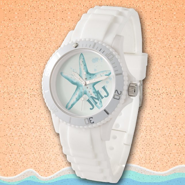 Zeester Aqua Beachy Initialen Zomer Waterverf Horloge (Beachy watercolor starfish)
