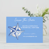 Zeester blauw wit elegant save the date (Staand voorkant)