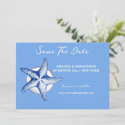 Zeester blauw wit elegant save the date (Staand voorkant)