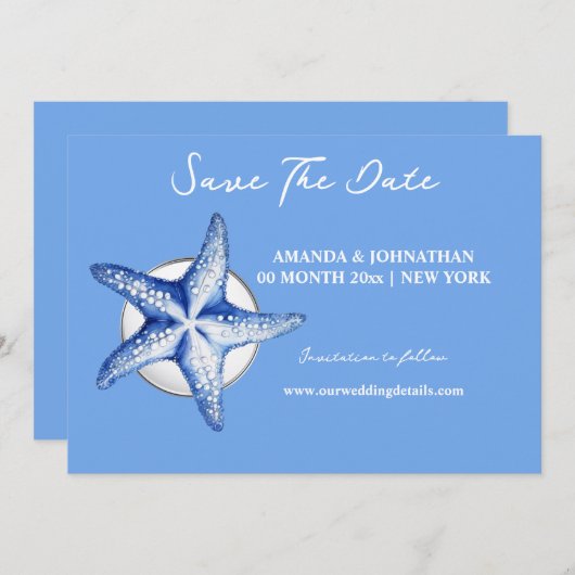 Zeester blauw wit elegant save the date (Voorkant / Achterkant)