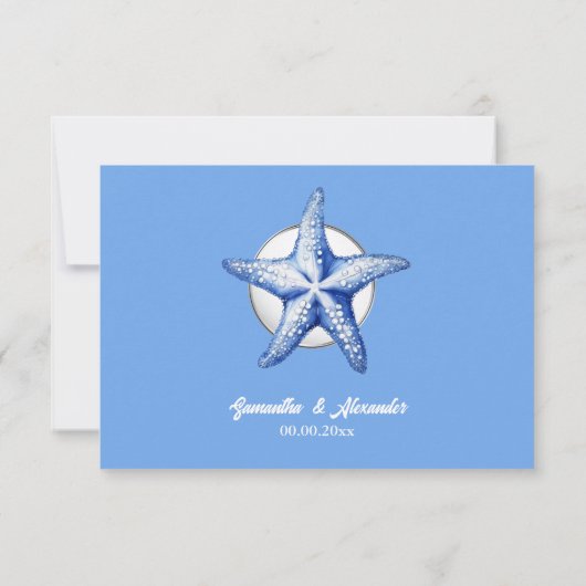Zeester blauw wit strand kustreactie luxe RSVP kaartje (Achterkant)