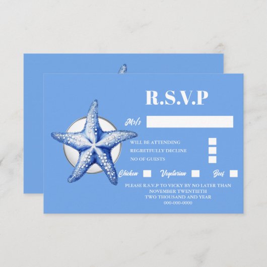 Zeester blauw wit strand kustreactie luxe RSVP kaartje (Voorkant / Achterkant)