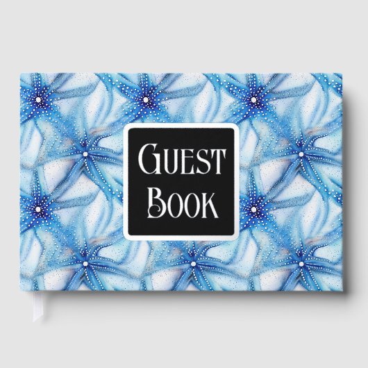 Zeester blauw wit waterverf strandpatroon folie gastenboek (Voorkant)