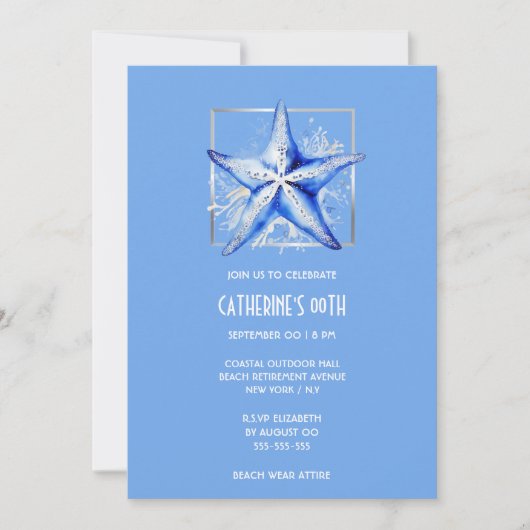 Zeester blauw zilver wit strand thema verjaardag kaart (Voorkant)