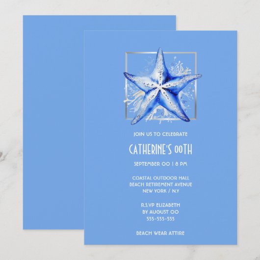 Zeester blauw zilver wit strand thema verjaardag kaart (Voorkant / Achterkant)