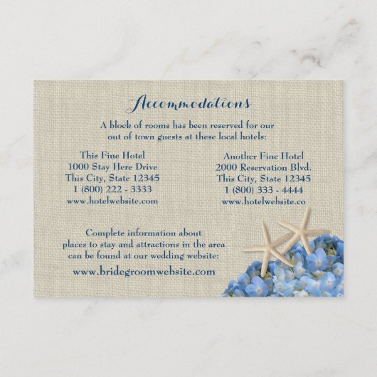 Zeester Blauwe Hydrangea Bruiloft Trouwroute Informatiekaartje (Achterkant)