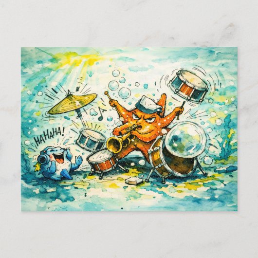 Zeester die drums en trompet speelt briefkaart (Voorkant)