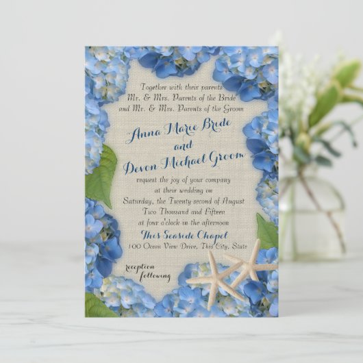 Zeester en Blue Hydrangea bruiloft Kaart (Staand voorkant)
