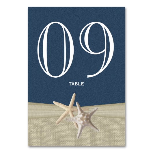 Zeester en Burlap Navy Blue Table Number Kaart (Voorkant)