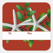Zeester en hulst rode kerstcadeaubeklebels vierkante sticker (Voorkant)