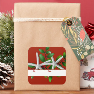 Zeester en hulst rode kerstcadeaubeklebels vierkante sticker