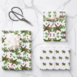 Zeester en hulst Tropisch kerstpatroon wit Inpakpapier Vel