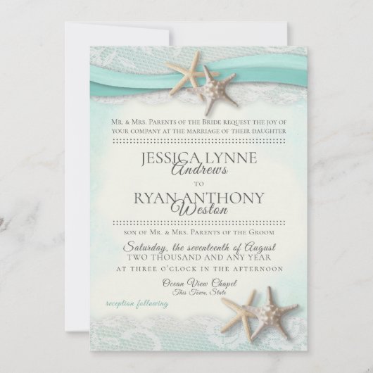 Zeester en Kant Strand Bruiloft Kaart (Voorkant)