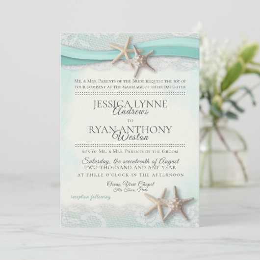 Zeester en Kant Strand Bruiloft Kaart (Staand voorkant)