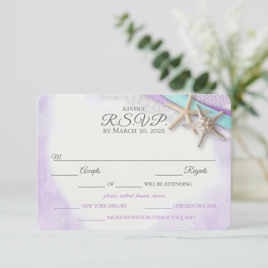 Zeester en kant  strand Paarse RSVP-kaart RSVP Kaartje (Staand voorkant)