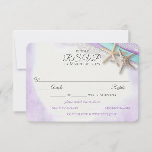Zeester en kant  strand Paarse RSVP-kaart RSVP Kaartje (Voorkant)
