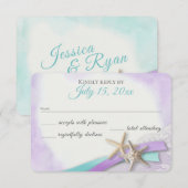 Zeester en kant  strand Paarse RSVP Kaartje (Voorkant / Achterkant)