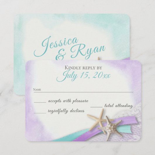 Zeester en kant  strand Paarse RSVP Kaartje (Voorkant / Achterkant)