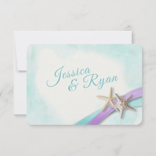 Zeester en kant  strand Paarse RSVP Kaartje (Achterkant)