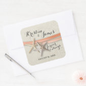Zeester en koraal lint strand bruiloft vierkante sticker (Envelop)