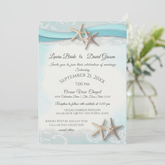 Zeester en Lace Beach Ocean Blue Bruiloft Kaart (Staand voorkant)