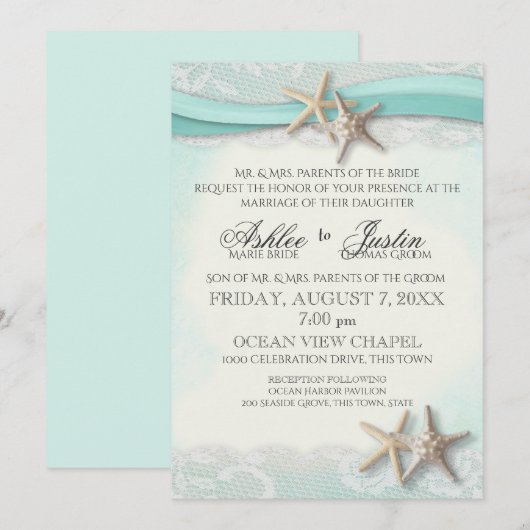 Zeester en Lace Beach Waterverf Aqua Bruiloft Kaart (Voorkant / Achterkant)