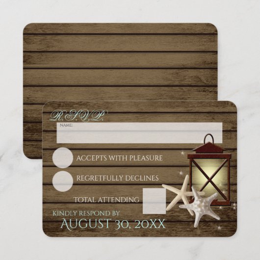 Zeester en Lantaarn Ocean Wood Response RSVP Kaartje (Voorkant / Achterkant)
