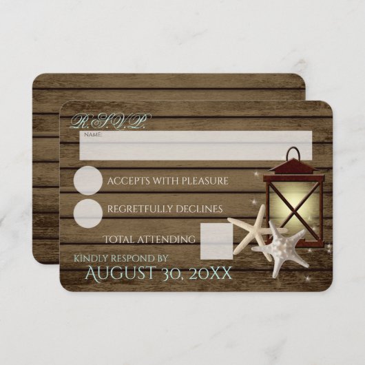 Zeester en Lantaarn Wood Rustic Beach Response RSVP Kaartje (Voorkant / Achterkant)