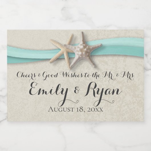 Zeester en lint Aqua Beach bruiloft Sparkling Wijnetiket (Enkel label)