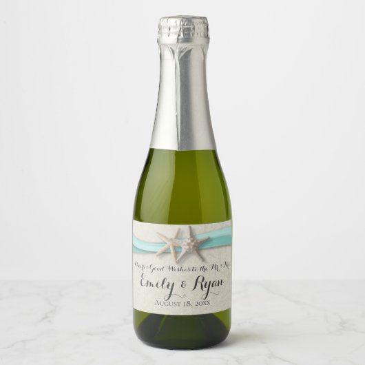 Zeester en lint Aqua Beach bruiloft Sparkling Wijnetiket (Voorkant)