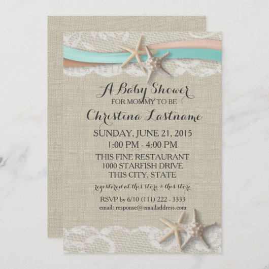 Zeester en lint Aqua Peach Baby shower Kaart (Voorkant / Achterkant)