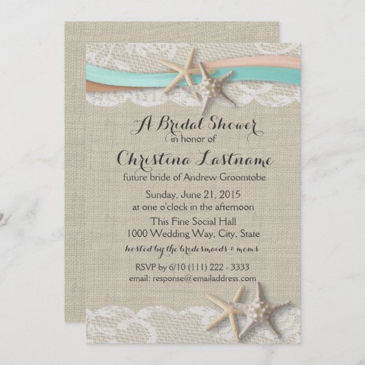 Zeester en lint Aqua Peach Vrijgezellenfeest Kaart (Voorkant / Achterkant)