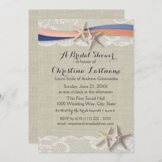 Zeester en lint Blue Coral Vrijgezellenfeest Kaart (Voorkant / Achterkant)