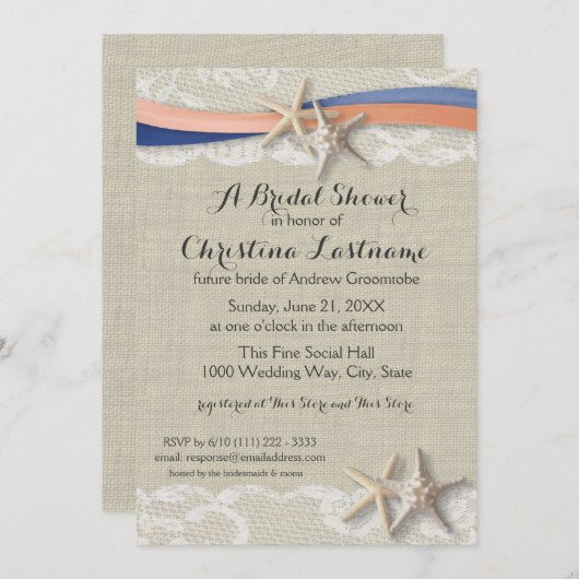 Zeester en lint Blue Coral Vrijgezellenfeest Kaart (Voorkant / Achterkant)