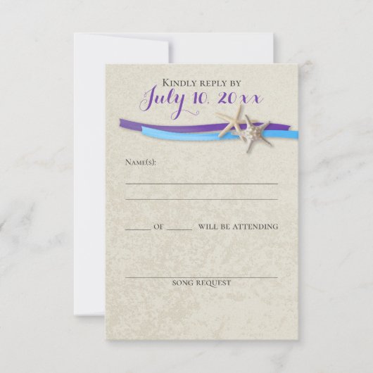 Zeester en lint D Paarse Blue Beach Reactie RSVP Kaartje (Voorkant)
