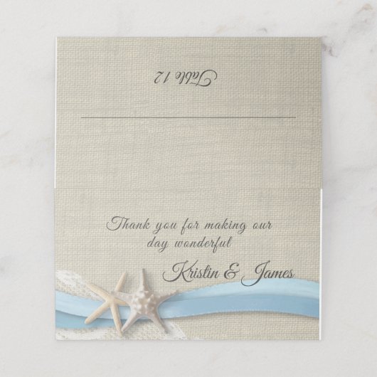 Zeester en lint licht blauw bruiloft plaatskaartje (Buitenkant ongevouwen)